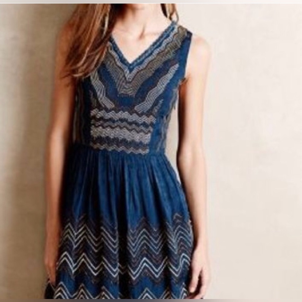 Anthropologie Meadow Rue Embroidered Beaded Chevron Dress blue size 0 - Picture 2 of 11